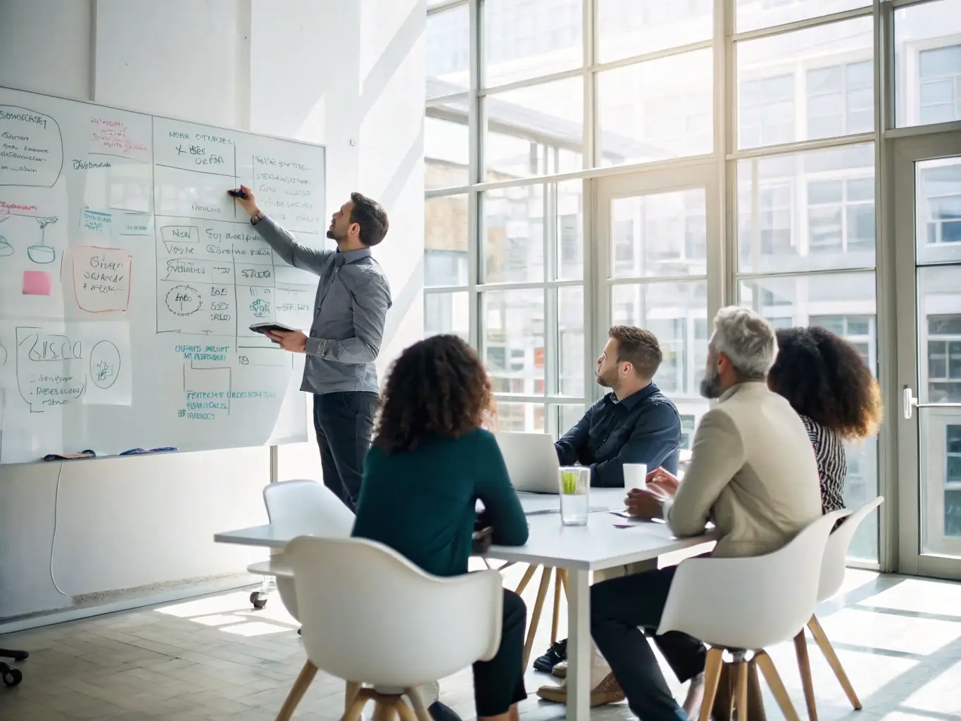 An image depicting a business coach facilitating a workshop, with participants actively engaged in discussions and brainstorming sessions.