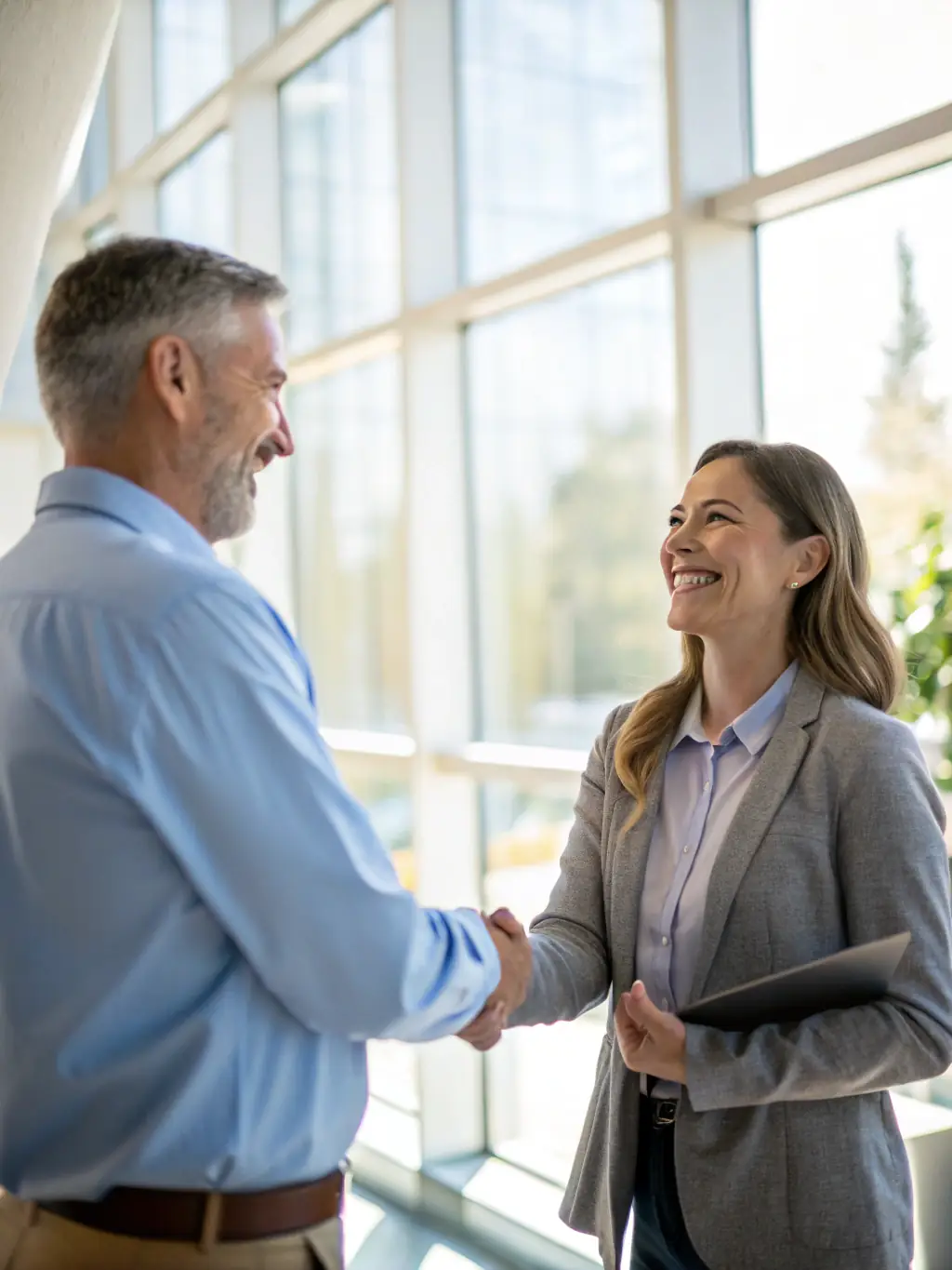A successful British business owner shaking hands with a coach in front of a modern office building, symbolizing successful coaching outcomes.