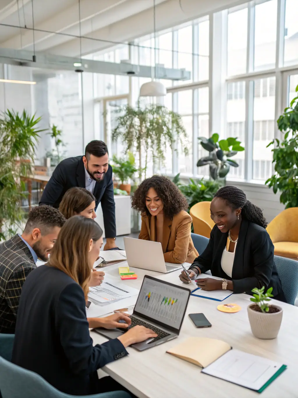 A professional setting with a diverse team brainstorming around a table covered with strategy documents and laptops, symbolizing collaborative strategy development.