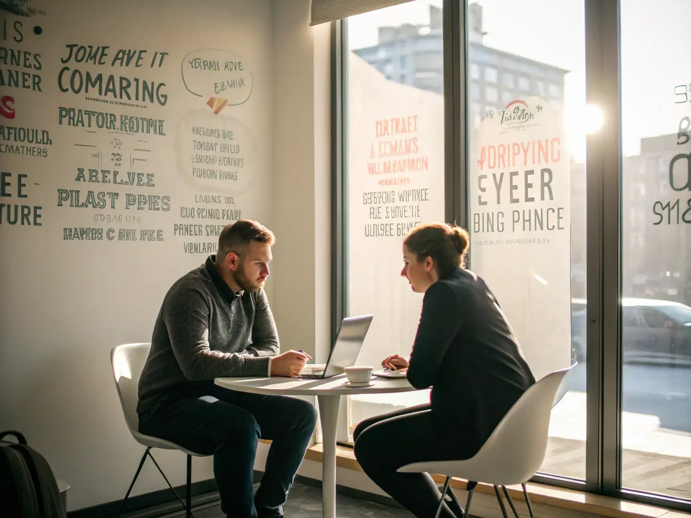 An image of a coach working with a client over a business plan, with charts and laptops on the table, set in a professional office environment.