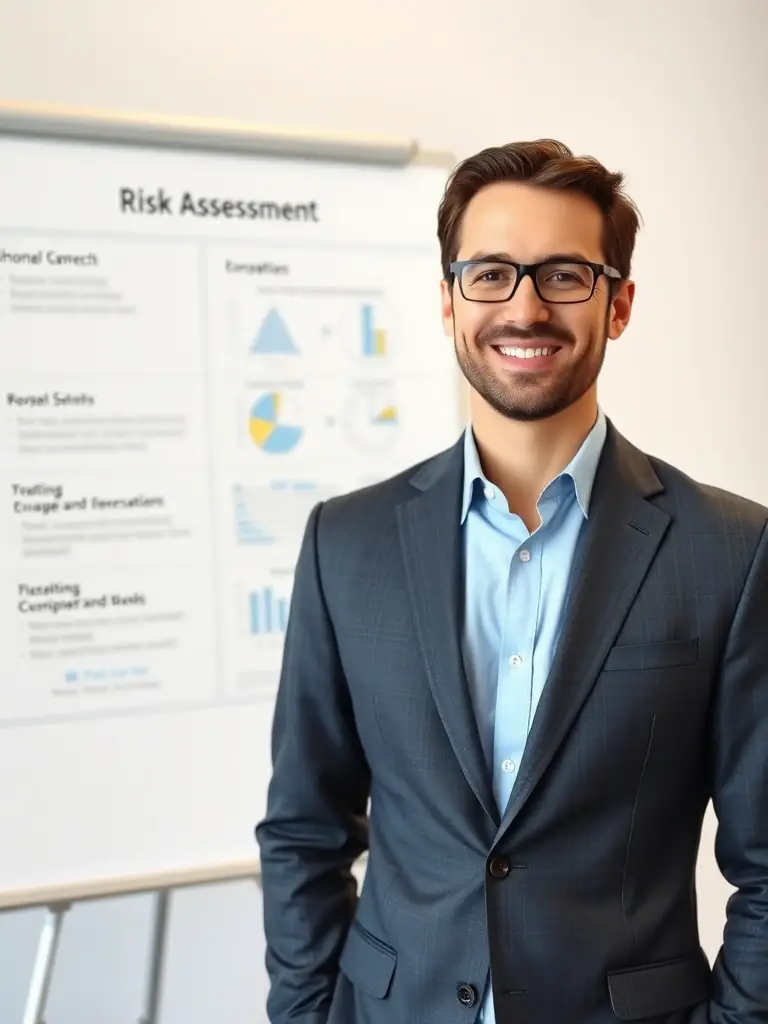 A professional business coach in a suit, smiling confidently while pointing at a growth chart displayed on a large screen during a coaching session with a UK-based startup team in a modern office setting.