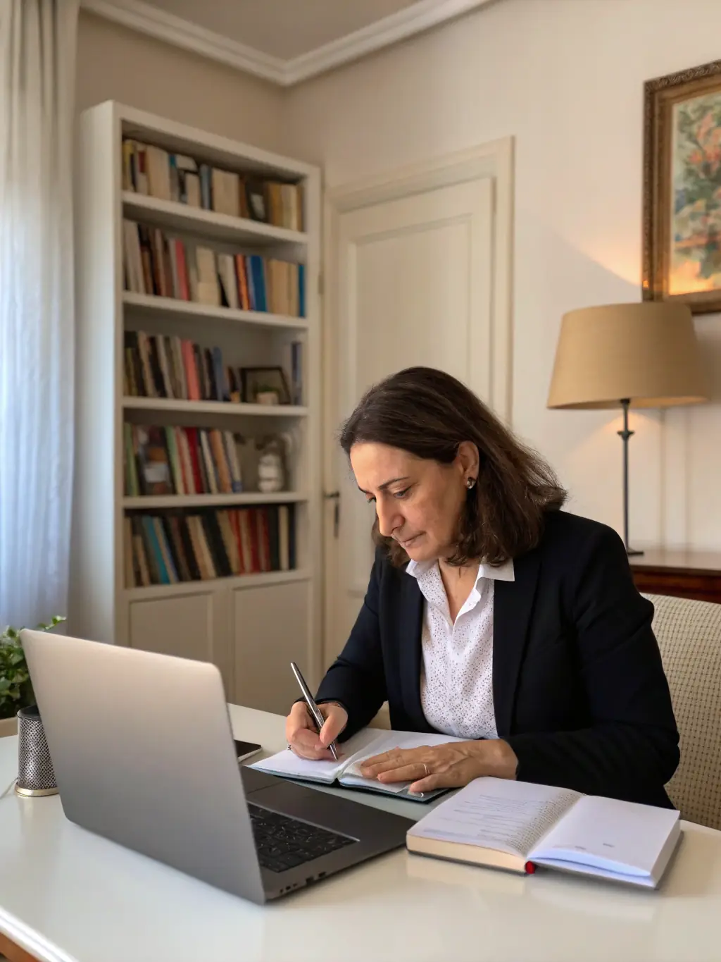 A British entrepreneur looking determined and focused, working on a laptop in a co-working space, with a subtle Union Jack flag in the background, symbolizing their commitment to growing their business in the UK.