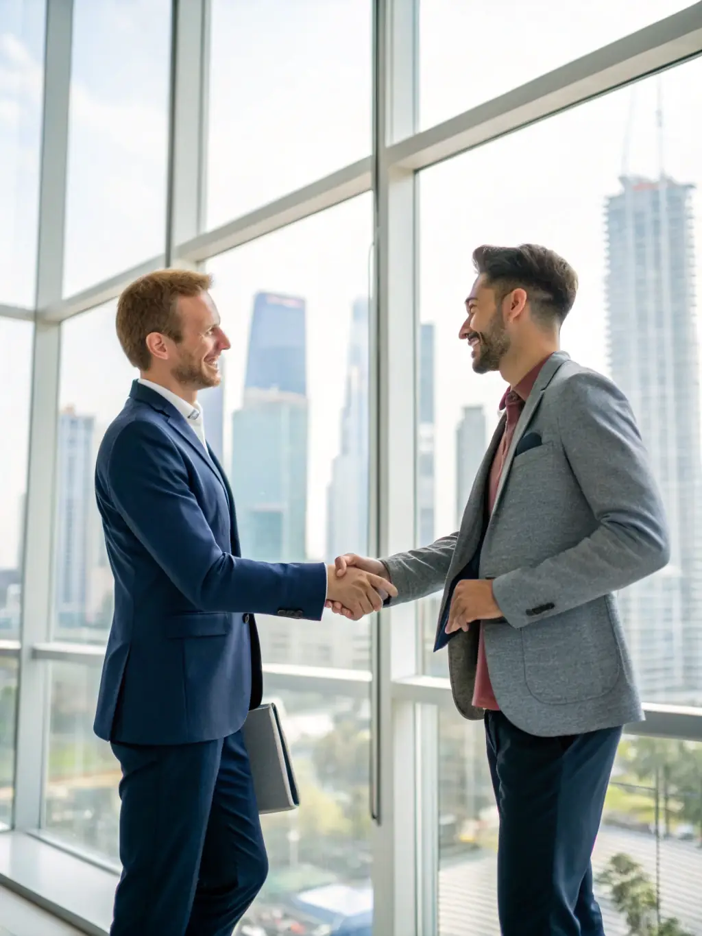 A successful British business owner shaking hands with their coach after a successful strategy implementation, with a cityscape of London in the background, representing the achievement of business goals.